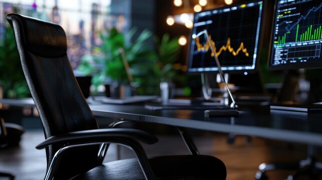 Modern office workspace with empty executive chair, focused on financial data displayed on computer screens. - Powered by Adobe