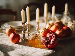 Table set with pomegranates, honey, and candles in warm light  