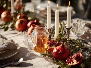 Festive table setting with pomegranates and candles for autumn dinner  
