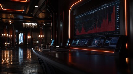 Interior view of a modern control room with glowing screens and data.