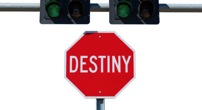Ai generated image of a red stop sign with the word destiny and green traffic lights isolated on transparent background symbolizes fate