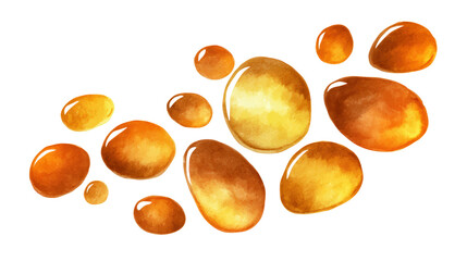 Watercolor a collection of ambercolored viscous liquid drops isolated on a transparent background