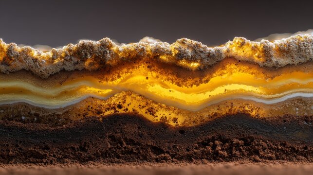 Close-up of thick, gelatinous sludge from a commercial grease trap, layered in yellow, brown, and black strata, with visible oil separation.