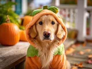 Golden retriever dog wearing pumpkin costume outdoors among pumpkins  