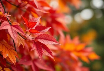 Crimson, gold, and russet leaves in sharp focus against a soft, bokeh background, colorful leaves, blurred