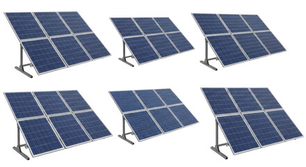 Six solar panels on stands, isolated on transparent background