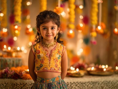 Young Indian girl smiling in traditional attire during festival celebration  