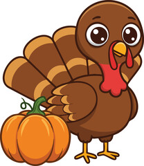 Turkey with pumpkin cute cartoon character autumn thanksgiving harvest illustration vector 