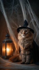 Cat wearing witch hat with lantern and spider web background  