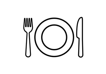 Outline illustration of a plate with a fork on the left and a knife on the right side isolated