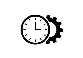 Illustration of a clock face with hour and minute hands next to a gear wheel on a plain white surface