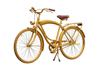 Golden bicycle with brown seat isolated on transparent background