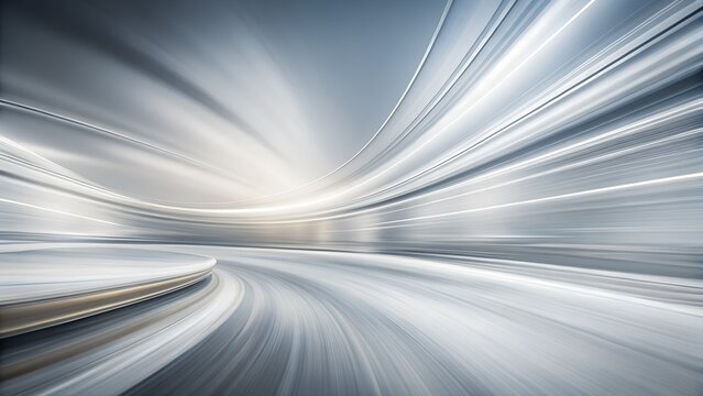 A blurred abstract road curves into the distance with streaks of light, suggesting highspeed travel and a futuristic journey