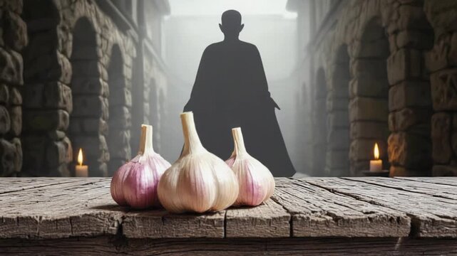 Handful of garlic next to a vampire.