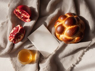 Pomegranate, challah bread, honey and blank note on fabric background  