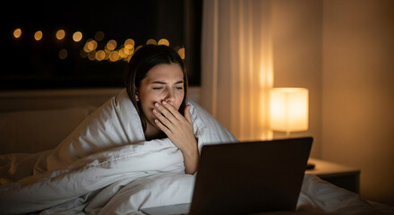 Tired Woman Yawns in Bed with Laptop at Night Covered in Blanket.