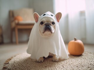 French Bulldog dressed as a ghost sitting beside a pumpkin indoors  