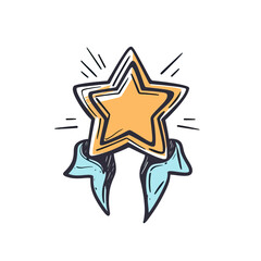 Obraz premium Hand drawn star award medal with blue ribbon sketch style illustration for winner recognition and achievement concept vector design