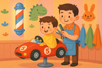 Cute cartoon illustration of a kids’ barbershop scene with a smiling barber giving a haircut to a happy boy sitting in a red toy race car chair