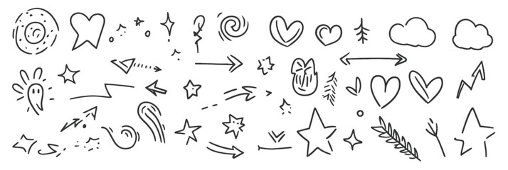 Naklejka premium Hand drawn black line doodle sketch set of stars, hearts, arrows, clouds, abstract shapes, and decorative elements in minimalist vector style for creative design and decoration