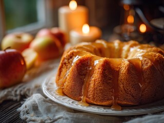Apple cake on plate with candles and apples in rustic kitchen  