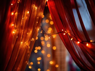 Warm string lights glowing behind sheer curtains in evening ambiance  