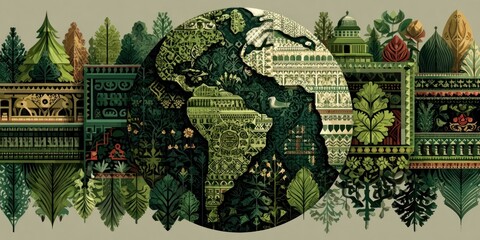 A stylized map silhouette softly lit from behind, surrounded by patterns of cultural symbols in green and white
