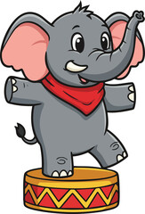 Fototapeta premium Cute cartoon baby elephant balancing on circus platform with red scarf and cheerful expression vector illustration 