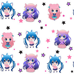 Cute cartoon chibi girls seamless pattern. Vector illustration anime style for children t-shirt print on a white background. Big eyes