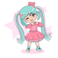 Fototapeta premium Cute cartoon little girl with blue hair and funny teddy bear toys in anime style. Kawaii style. Vector illustration t-shirt print. Chibi manga little girl