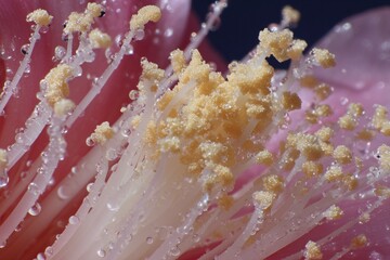 Macro shot of a dew-covered flower with visible stamens and pollen. Nature's fresh detail. Botanical close up for biology lesson.