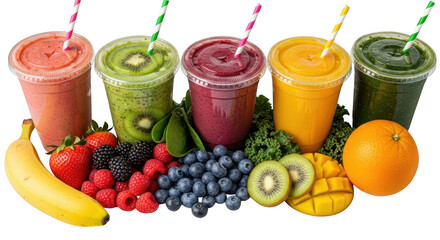 Assorted fruit smoothies with fresh fruits isolated on transparent background