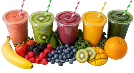 Assorted fruit smoothies with fresh fruits isolated on transparent background