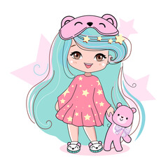 Cute cartoon little girl with blue hair and pink teddy bear toys in anime style. Kawaii style. Vector illustration t-shirt print. Chibi manga little girl