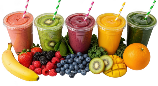 Assorted fruit smoothies with fresh fruits isolated on transparent background
