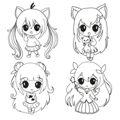 Cute collection cartoon one line girls in anime style. Vector illustration chibi girl for children coloring book t-shirt print on a white background isolated
