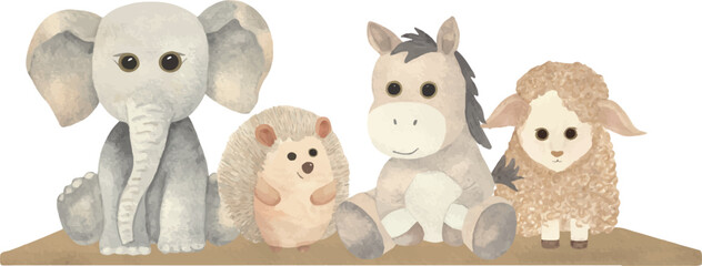 Cute plush toy set — elephant, hedgehog, horse, and lamb in pastel colors. Perfect for baby shower cards, invitations, nursery decor, and kids’ designs.
