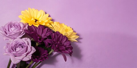 Elegant purple and yellow flower bouquet on lavender background; romantic, spring mood.