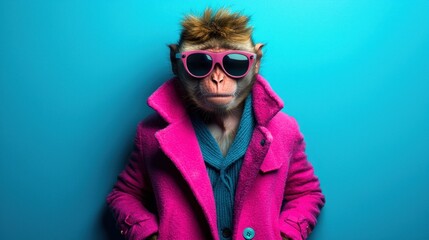 A monkey wearing sunglasses and a pink coat stands against a blue backdrop, looking stylish and confident.