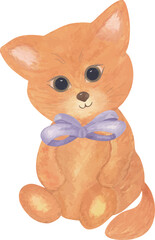 vector illustration of a plush cat with a violet bow. Great for baby shower cards, nursery decorations, kids’ invitations, and print designs.