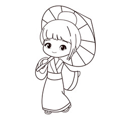 Cute little girl in anime style dressed in kimono. One line simple vector illustration chibi woman. Coloring book for children