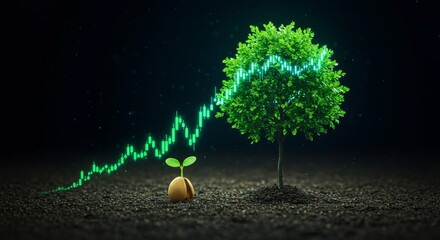 The lifecycle of financial growth represented by a young seedling and a mature tree