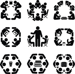 Group Study Circle Icon Silhouette Set Students Studying Together in Circle Silhouette Vector