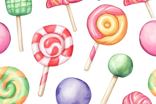 Watercolor painted lollipops seamless pattern: sweet candy background