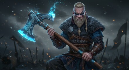 Naklejka premium Viking warrior with glowing axe in a battle scene, ready for the raid and victory
