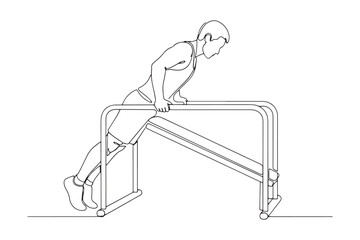 Continuous Line Drawing of  a man is doing dips on parallel bars as part of his strength training routine isolated on white background
