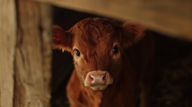 A young, brown calf with fluffy fur stands in a barn, looking directly at the camera with a curious expression.