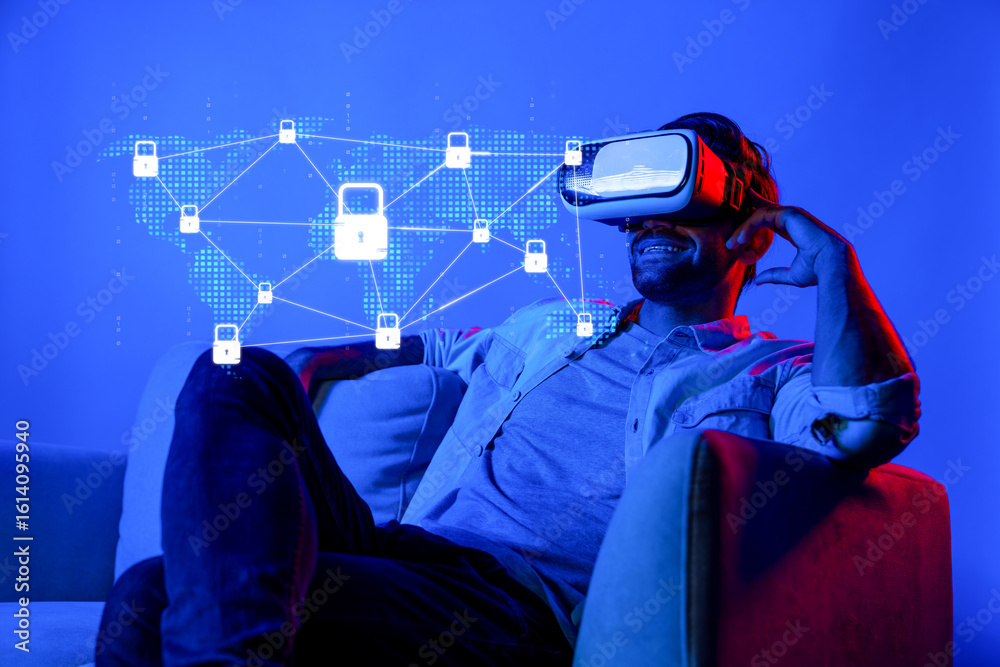 Poster a man experiences virtual reality while surrounded by digital security elements, highlighting the im