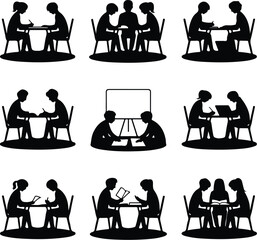 Group Study Circle Icon Silhouette Set Students Studying Together in Circle Silhouette Vector