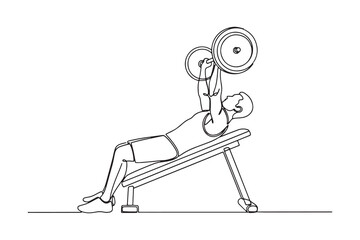 Continuous Line Drawing of  a man is doing a bench press with a barbell isolated on white background